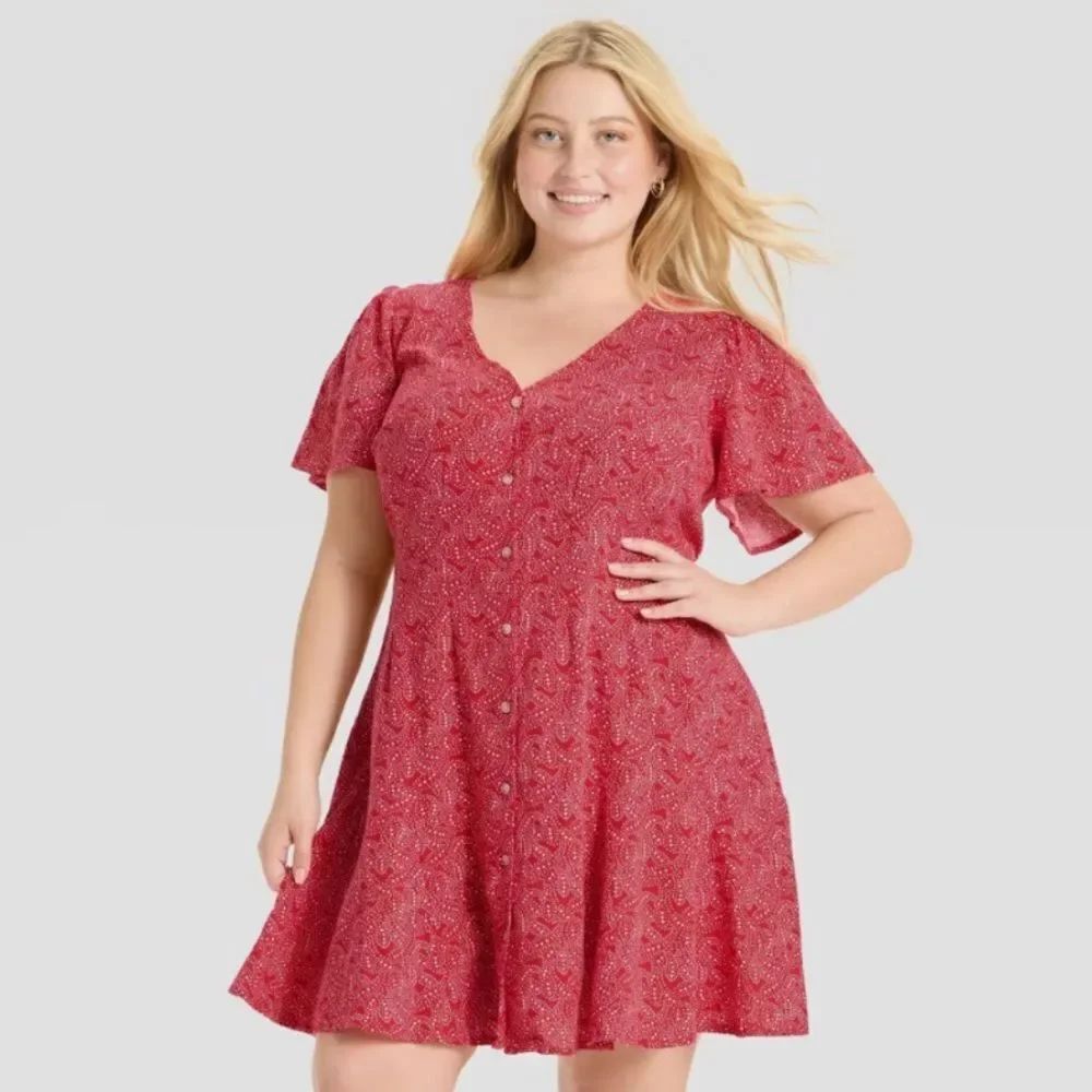Universal Thread Red White Stars Short Sleeve Button Front Mini Dress Size L